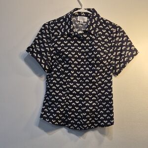 Unique Vintage Navy Blue Short Sleeve Button-Down Shirt with White Cherry Print